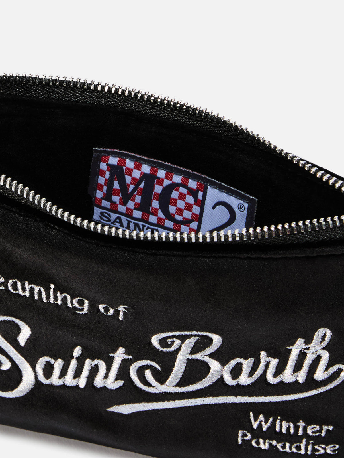 Schwarze Mini Parisienne Schultertasche aus Samt mit gesticktem Logo 