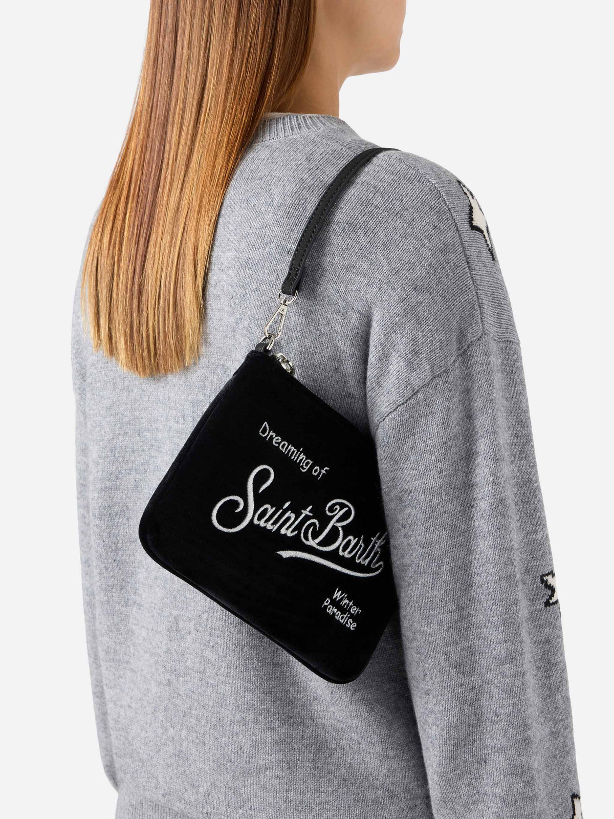 Schwarze Mini Parisienne Schultertasche aus Samt mit gesticktem Logo 