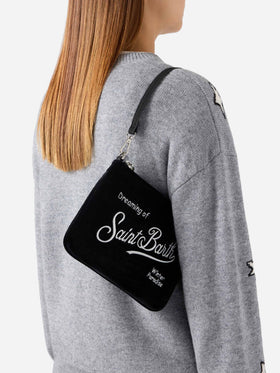 Schwarze Mini Parisienne Schultertasche aus Samt mit gesticktem Logo 