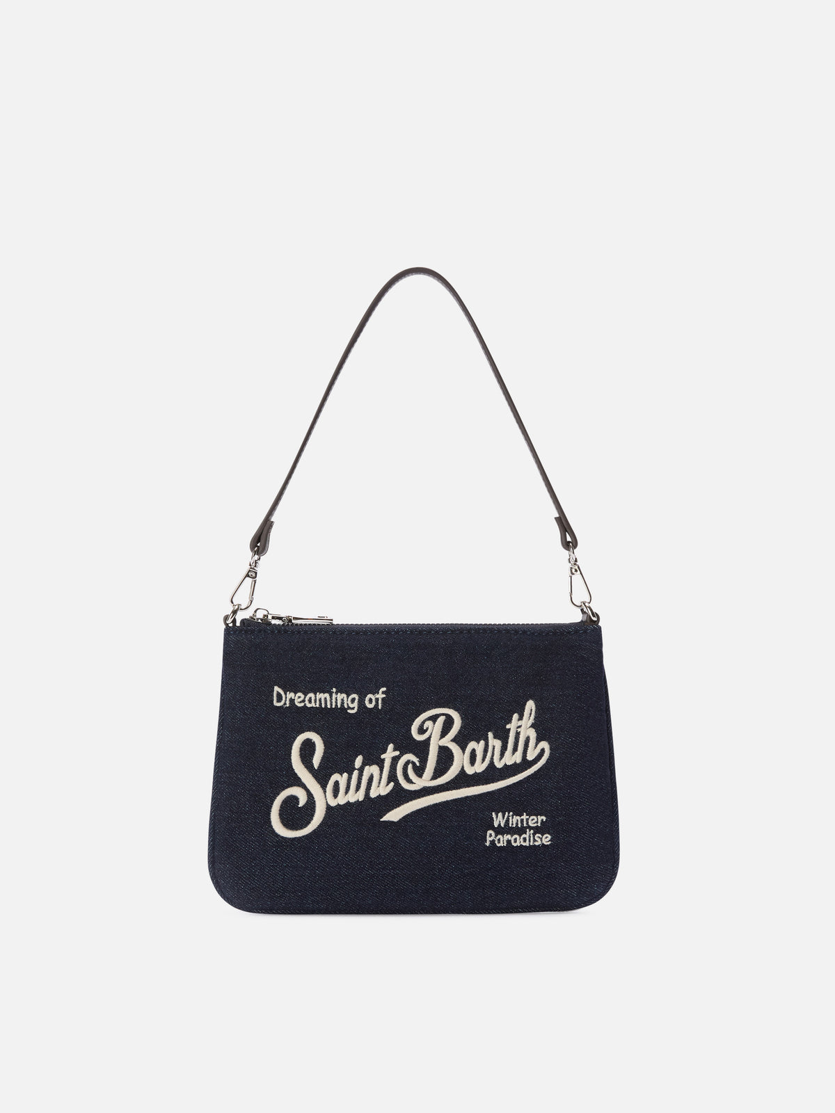 Borsa a spalla Mini Parisienne blu in denim con ricamo logo