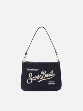 Borsa a spalla Mini Parisienne blu in denim con ricamo logo