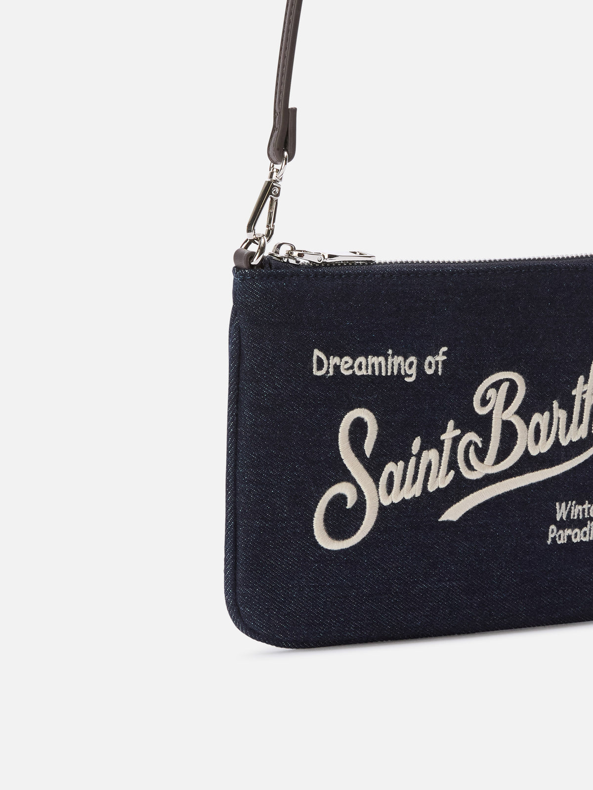 Borsa a spalla Mini Parisienne blu in denim con ricamo logo