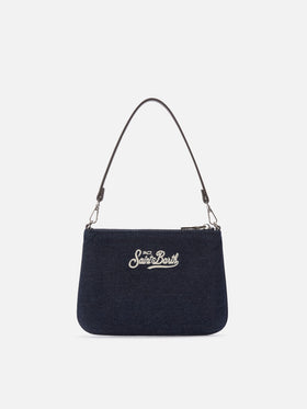 Borsa a spalla Mini Parisienne blu in denim con ricamo logo