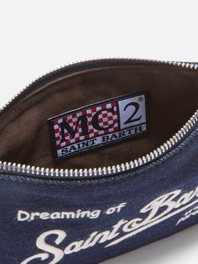Borsa a spalla Mini Parisienne blu in denim con ricamo logo