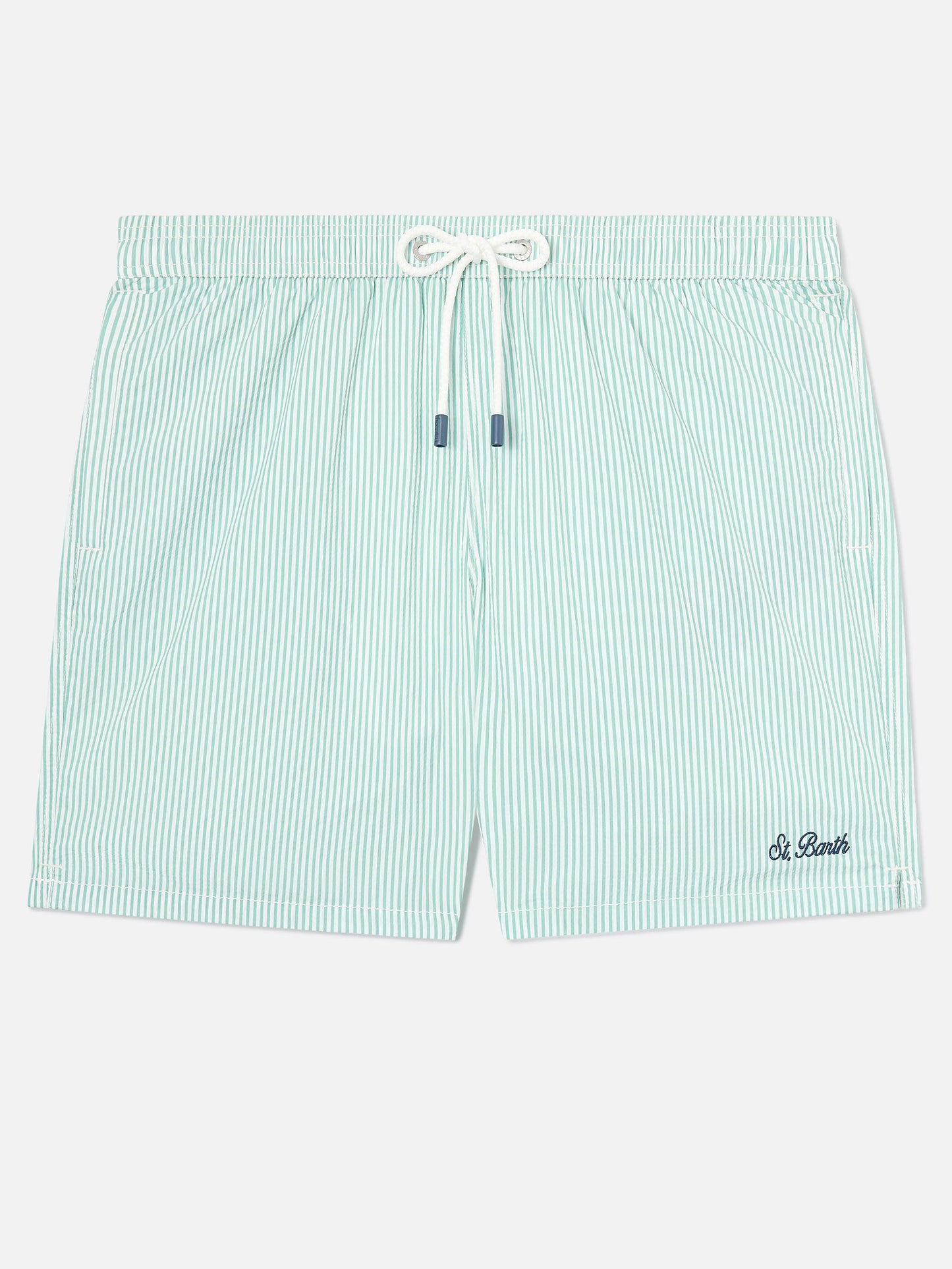 Patmos Badeshorts aus gestreiftem Seersucker in Salbeigrün und Weiß 