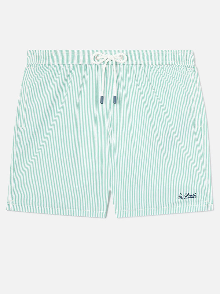 Patmos Badeshorts aus gestreiftem Seersucker in Salbeigrün und Weiß 