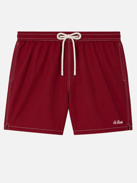 Burgunderfarbene, mittellange, klassische, leichte Badeshorts von Patmos