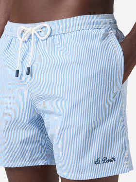 Patmos seersucker striped swim shorts in blue and white