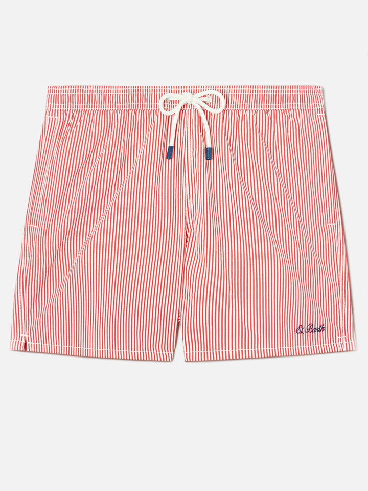 Patmos seersucker striped swim shorts in red and white