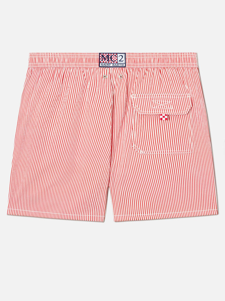 Patmos seersucker striped swim shorts in red and white