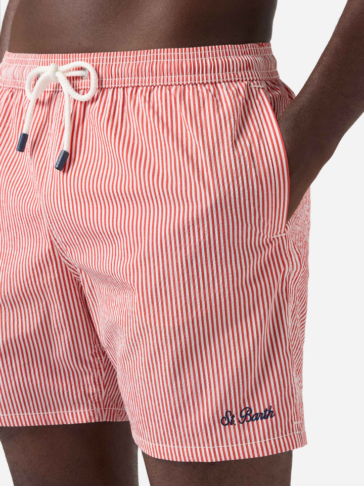 Patmos seersucker striped swim shorts in red and white