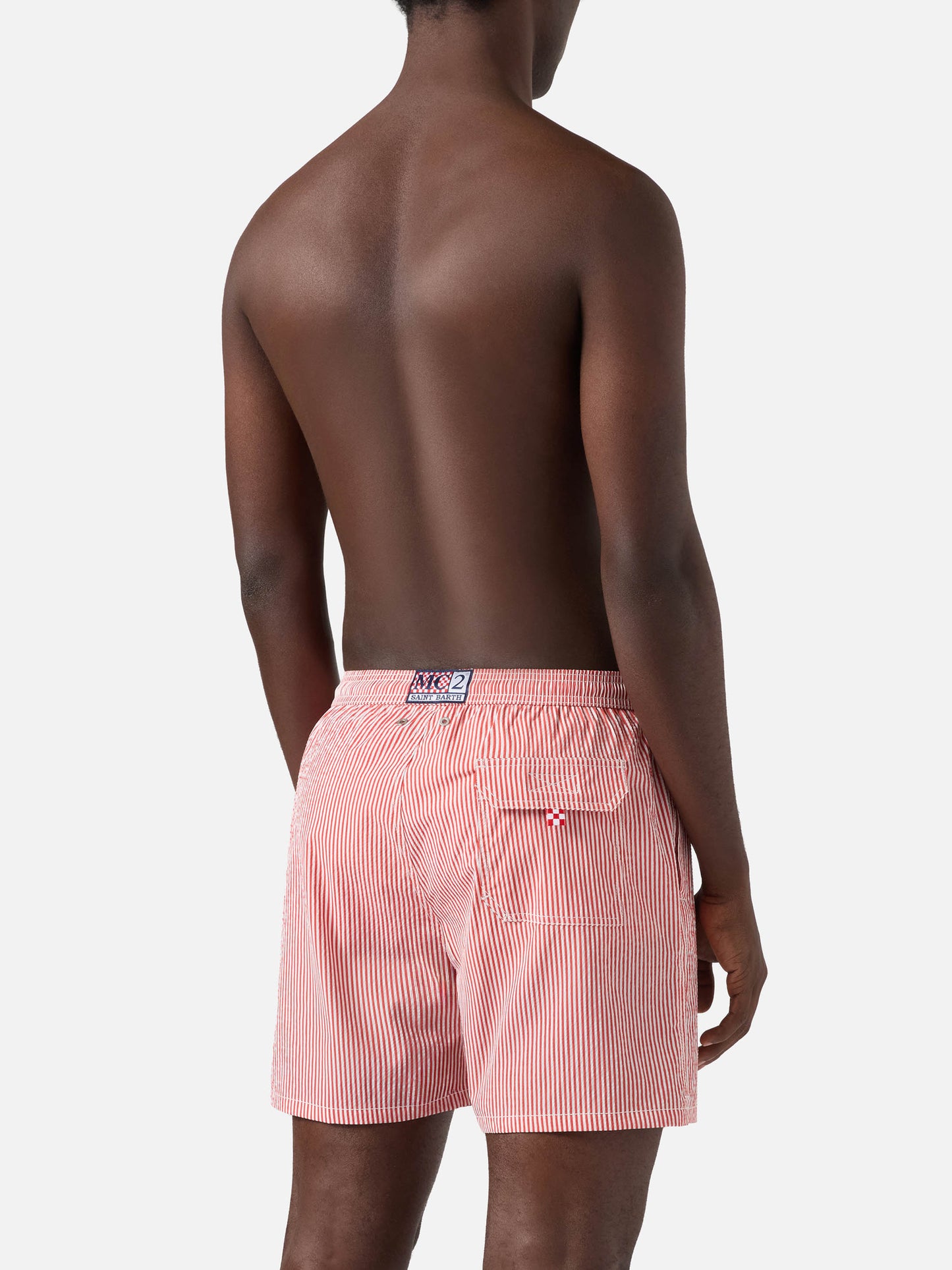 Patmos seersucker striped swim shorts in red and white