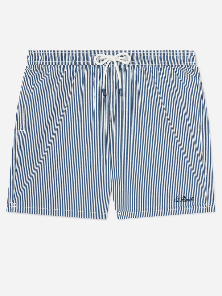 Short de bain Patmos en seersucker rayé bleu marine et blanc 