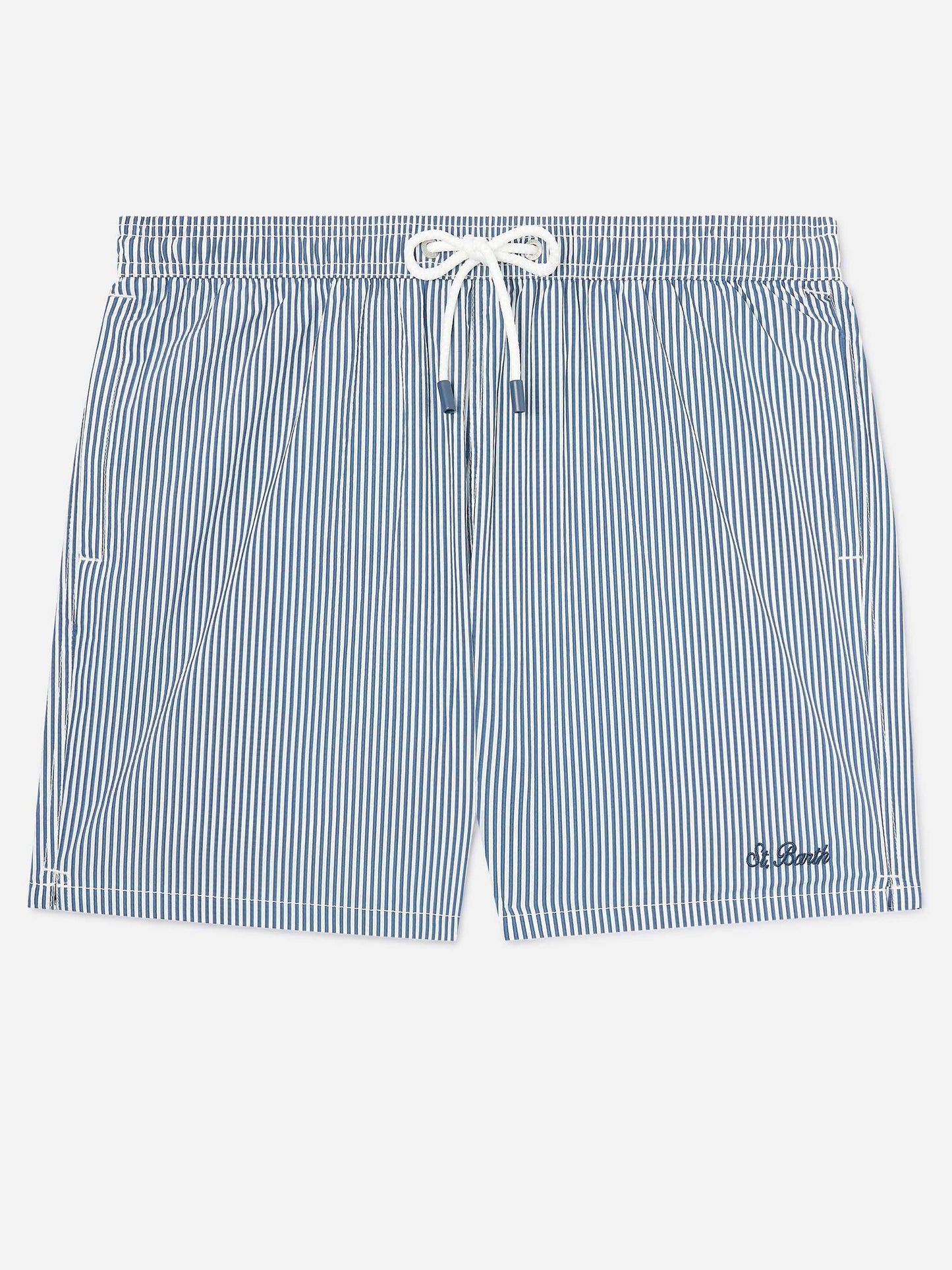 Gestreifte Patmos Badeshorts aus Seersucker in Navyblau und Weiß 