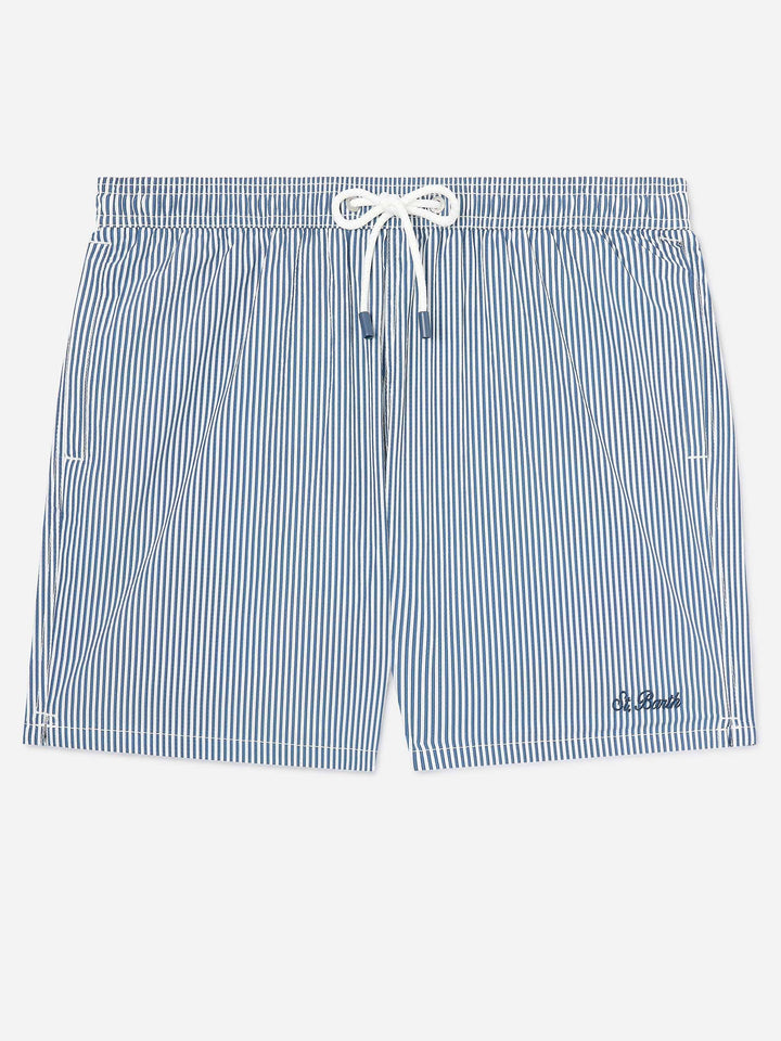 Gestreifte Patmos Badeshorts aus Seersucker in Navyblau und Weiß 