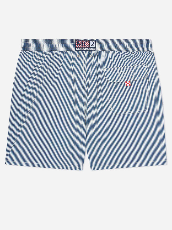 Short de bain Patmos en seersucker rayé bleu marine et blanc 