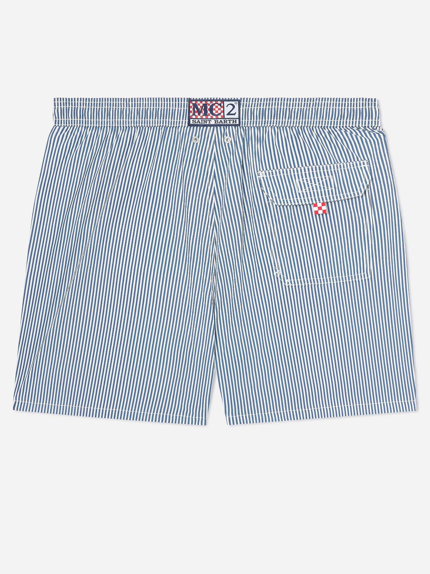 Gestreifte Patmos Badeshorts aus Seersucker in Navyblau und Weiß 