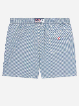 Gestreifte Patmos Badeshorts aus Seersucker in Navyblau und Weiß 