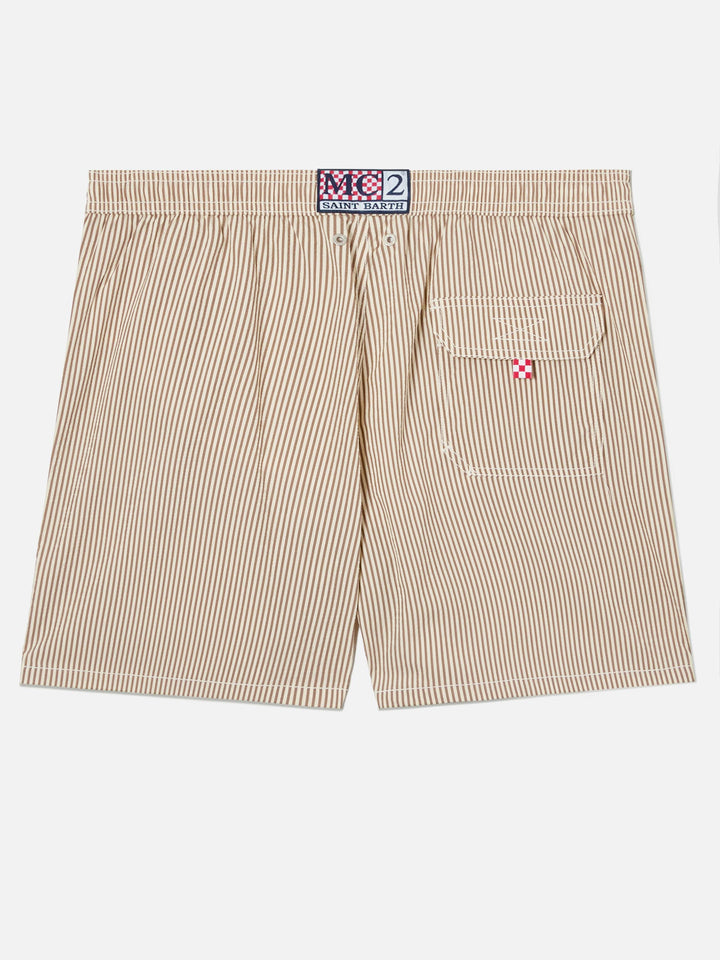 Patmos seersucker striped swim shorts in brown and white