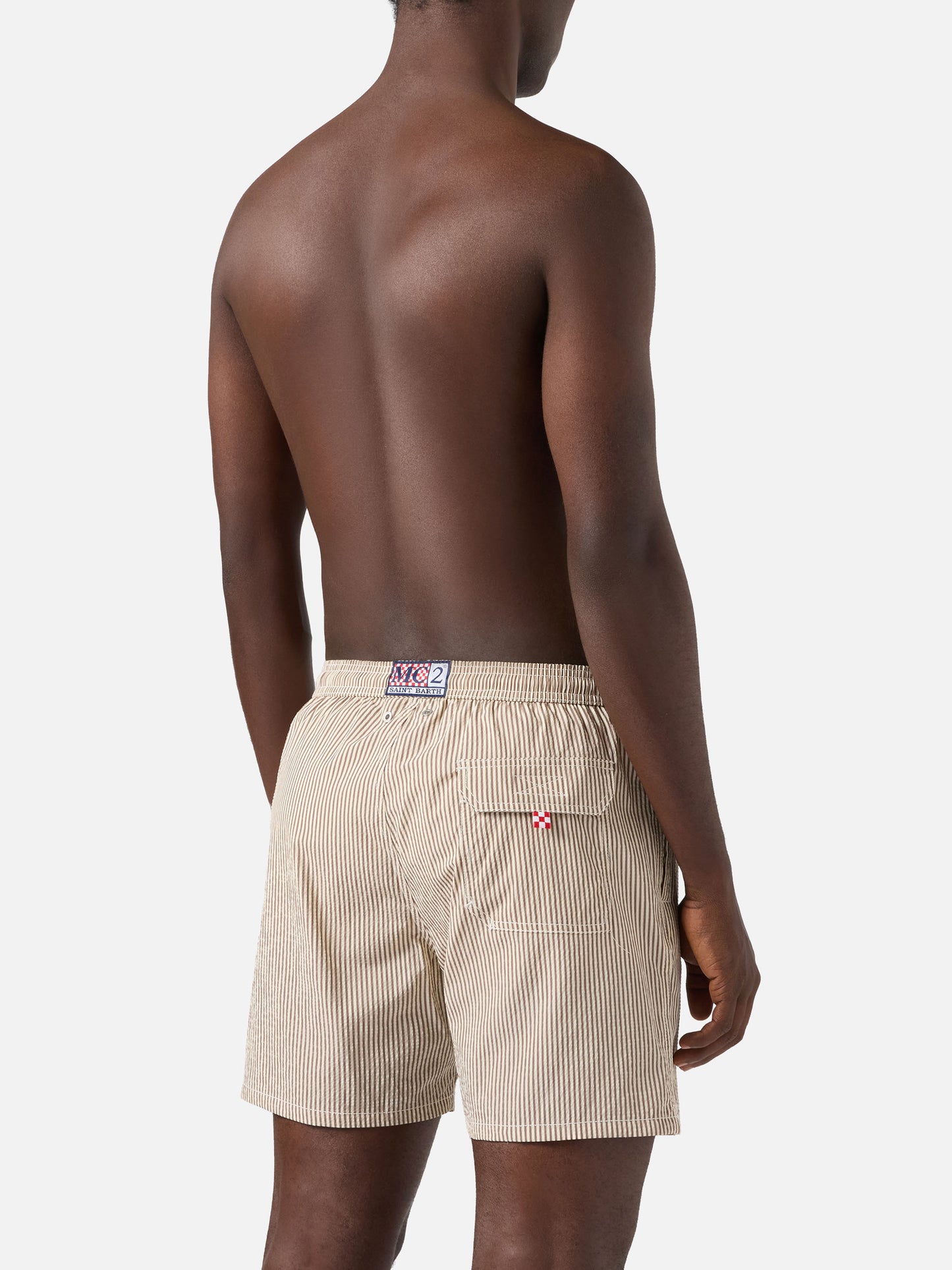Patmos seersucker striped swim shorts in brown and white
