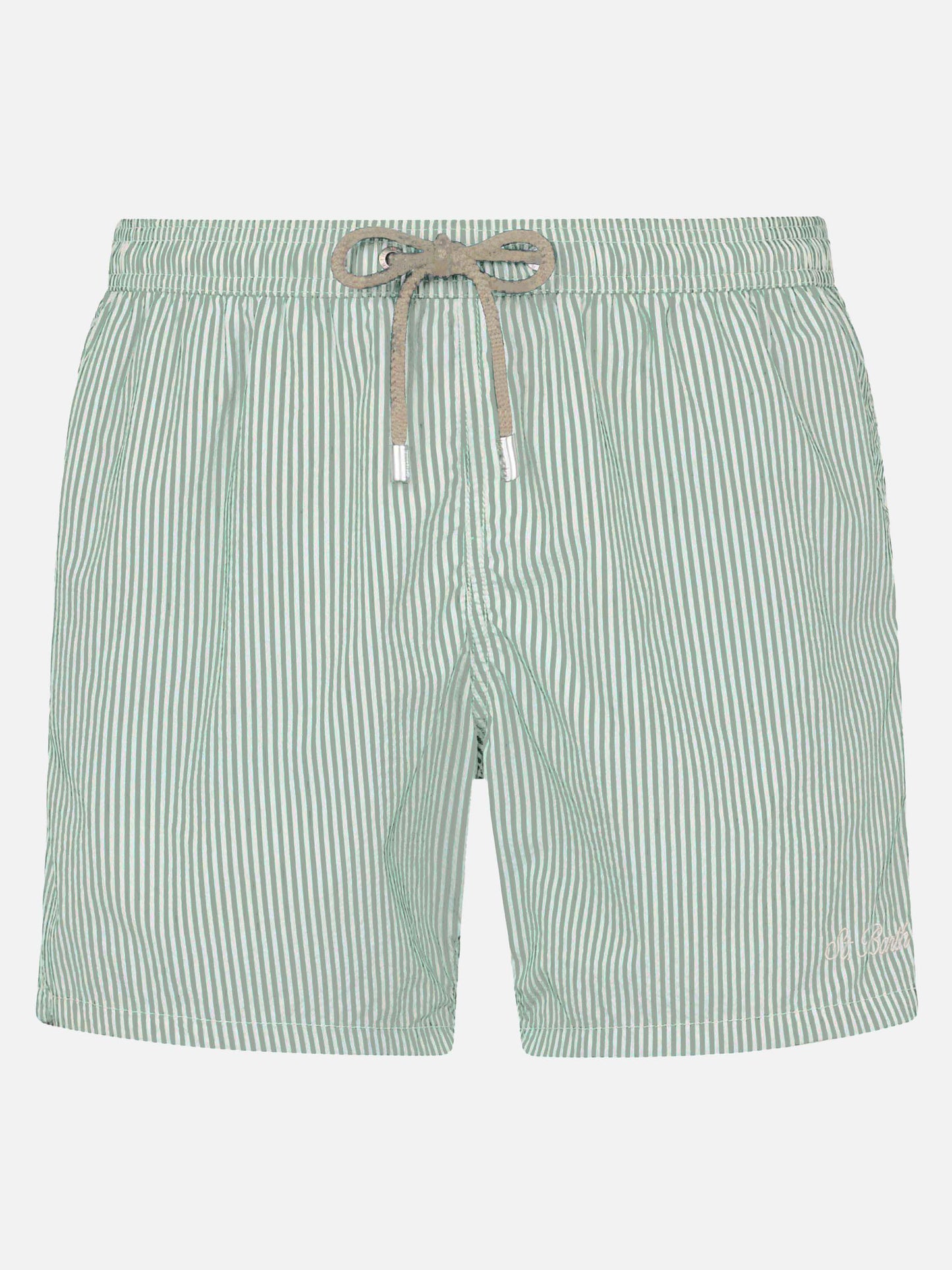 Seersucker sage green striped classic light swim shorts Patmos
