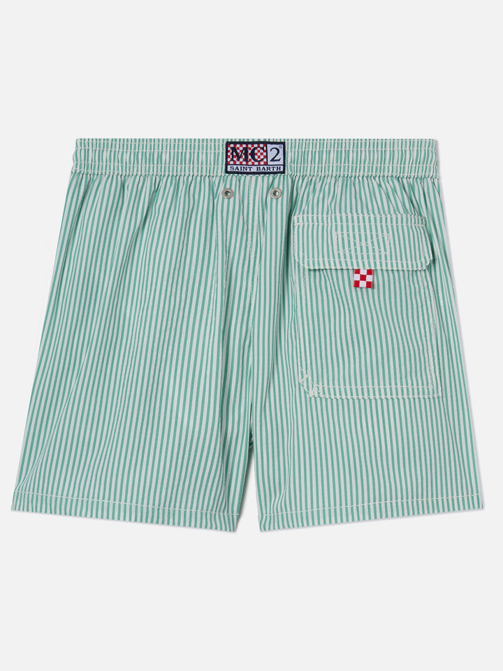 Patmos Jr seersucker swim shorts striped with St. Barth embroidery