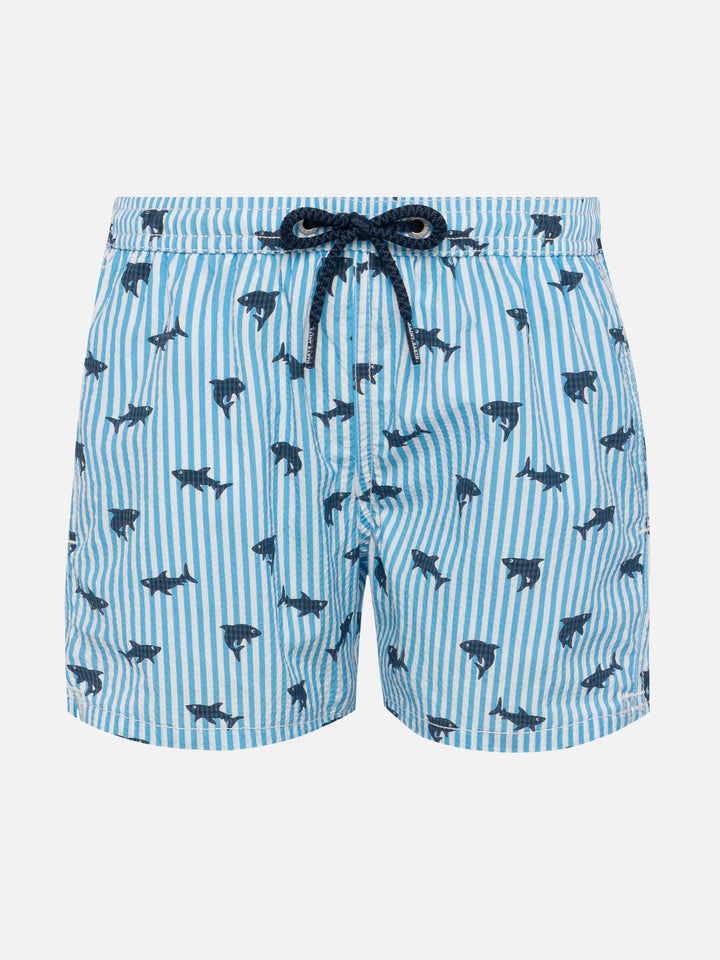 Patmos Jr seersucker striped mid-length swim shorts with shark print - MC2 Saint Barth
