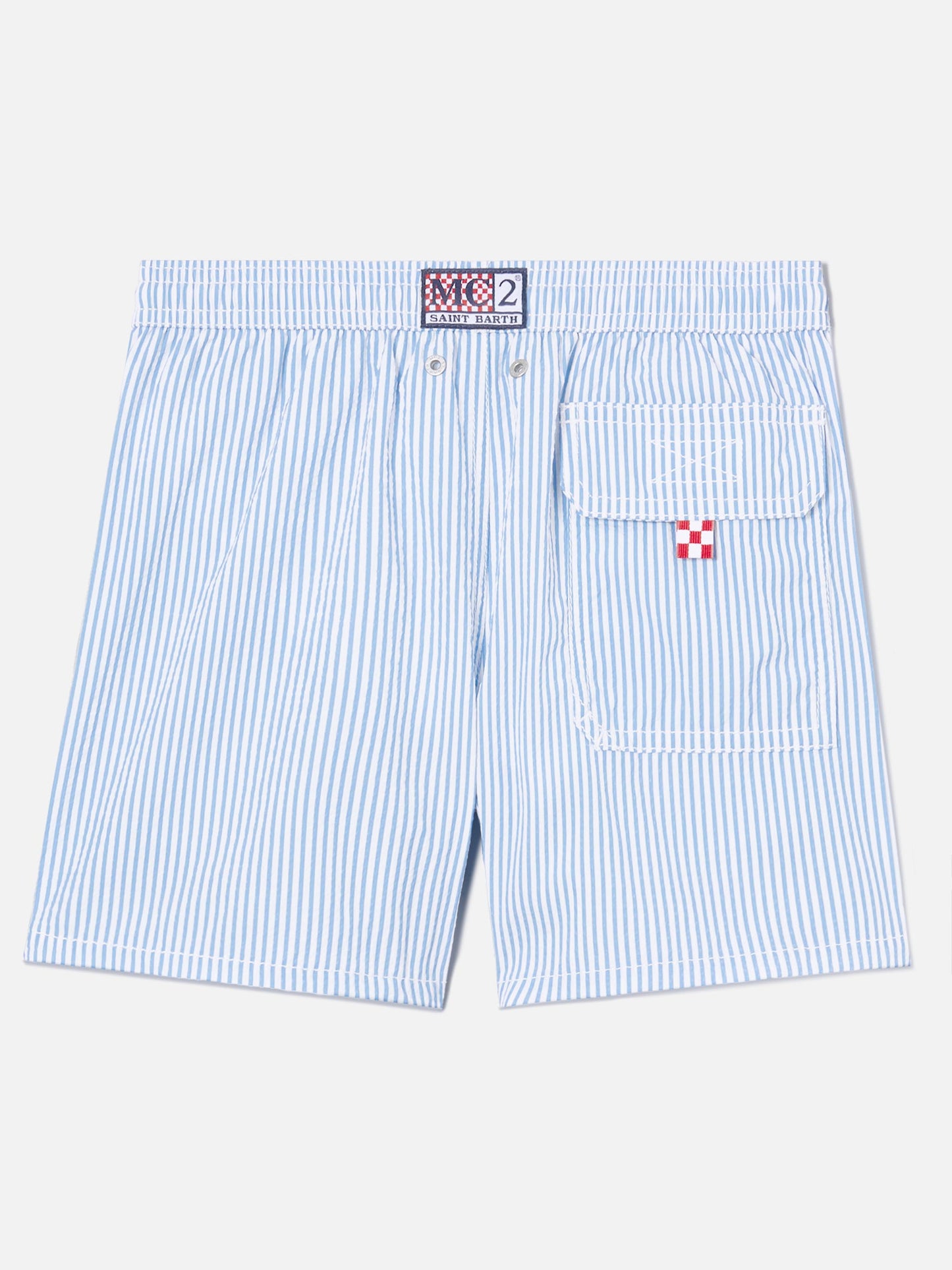 Patmos Jr seersucker swim shorts striped with St. Barth embroidery