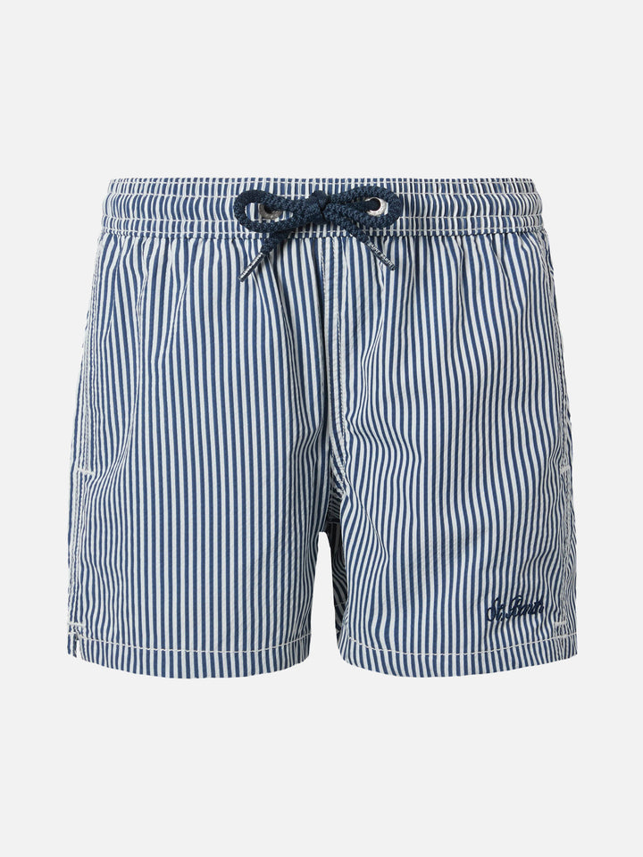 Patmos Jr seersucker blue striped mid-length swim shorts