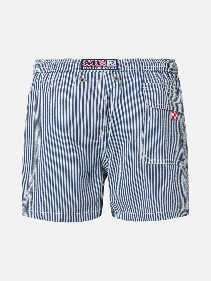Patmos Jr seersucker blue striped mid-length swim shorts