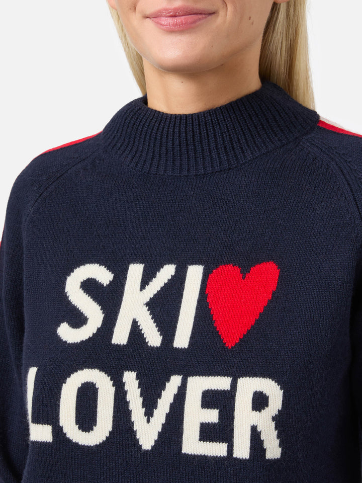 Lupetto Peak in misto cashmere blu con jacquard Ski Lover