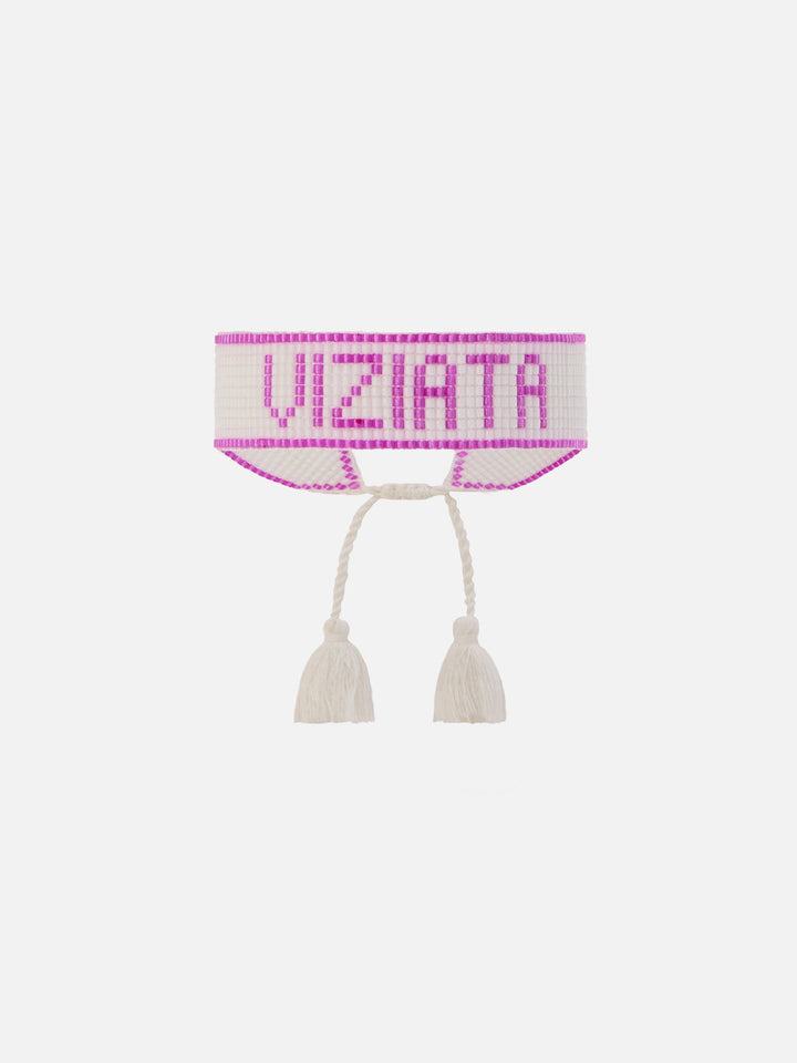 Pink fabric bracelet with Viziata beaded lettering