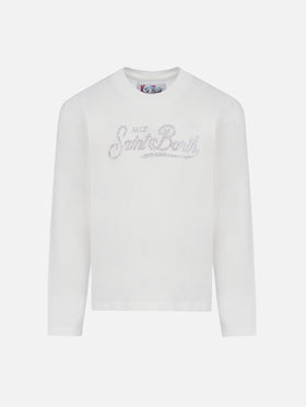 Girl white long-sleeve t-shirt Penny with Saint Barth rhinestones logo