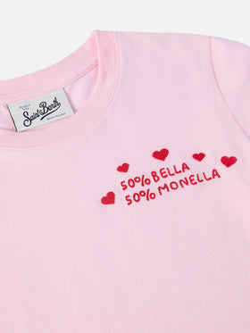 Penny long-sleeve cotton T-shirt in pink with Bella e Monella embroidery