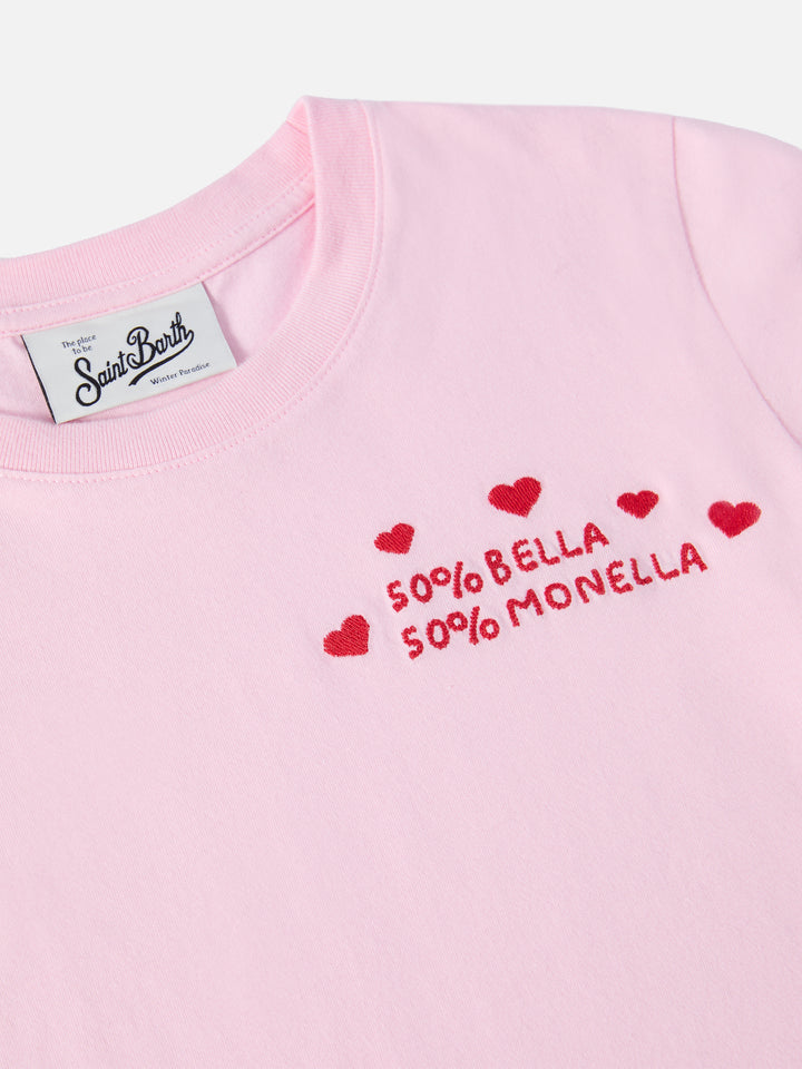 Penny Langarm-T-Shirt aus Baumwolle in Rosa mit Bella e Monella-Stickerei