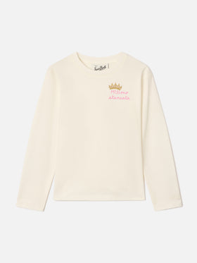 Langärmliges T-Shirt aus creamfarbenem Baumwolljersey mit Miss Sono Stancata-Stickerei 