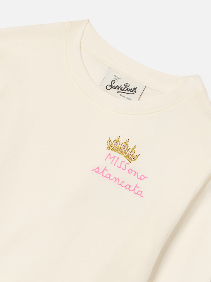 T-shirt à manches longues en coton Cream Penny avec broderie Miss Sono Stancata 