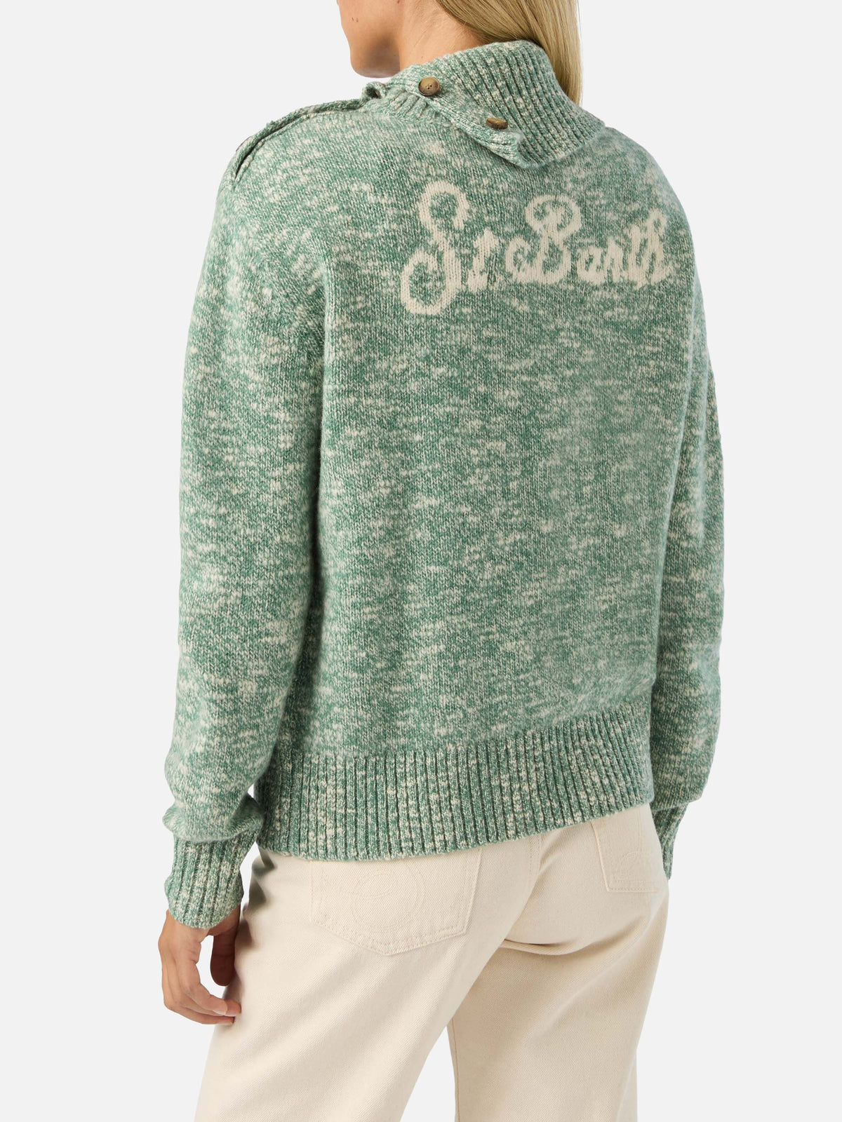 Sage Philomene turtleneck wool knit with logo embroidery