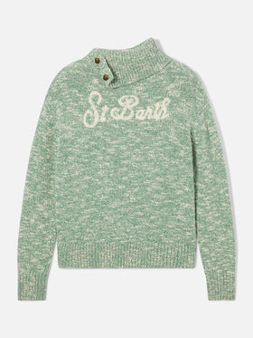 Maglia Philomene verde salvia a collo alto in lana con ricamo logo