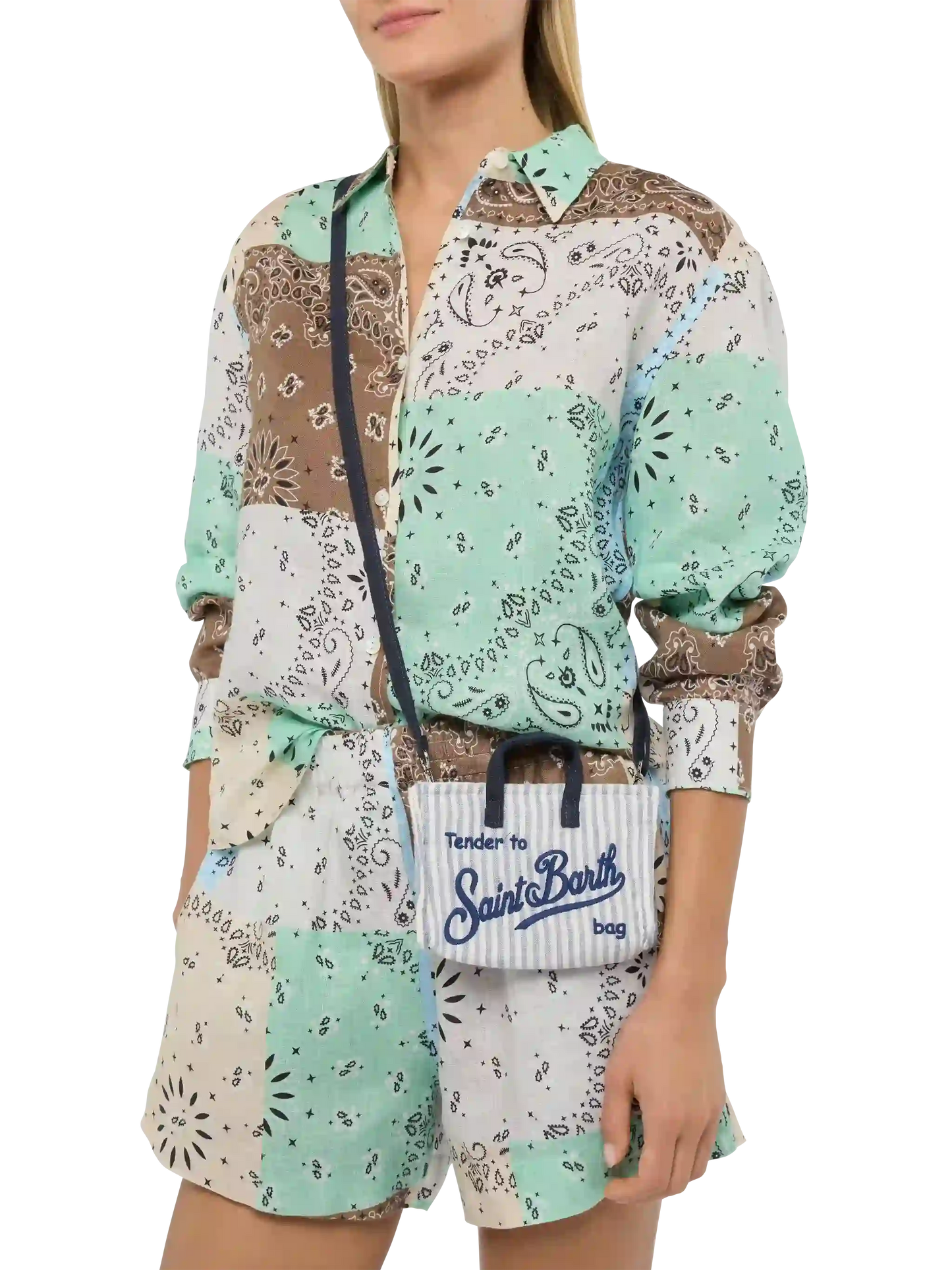 Leinen-Telefontasche mit hellblauem Streifendruck
