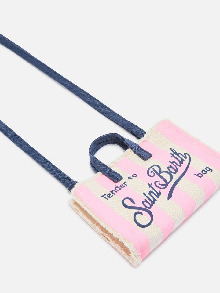 Borsa Phone micro in canvas a righe bianche e rosa con logo a contrasto