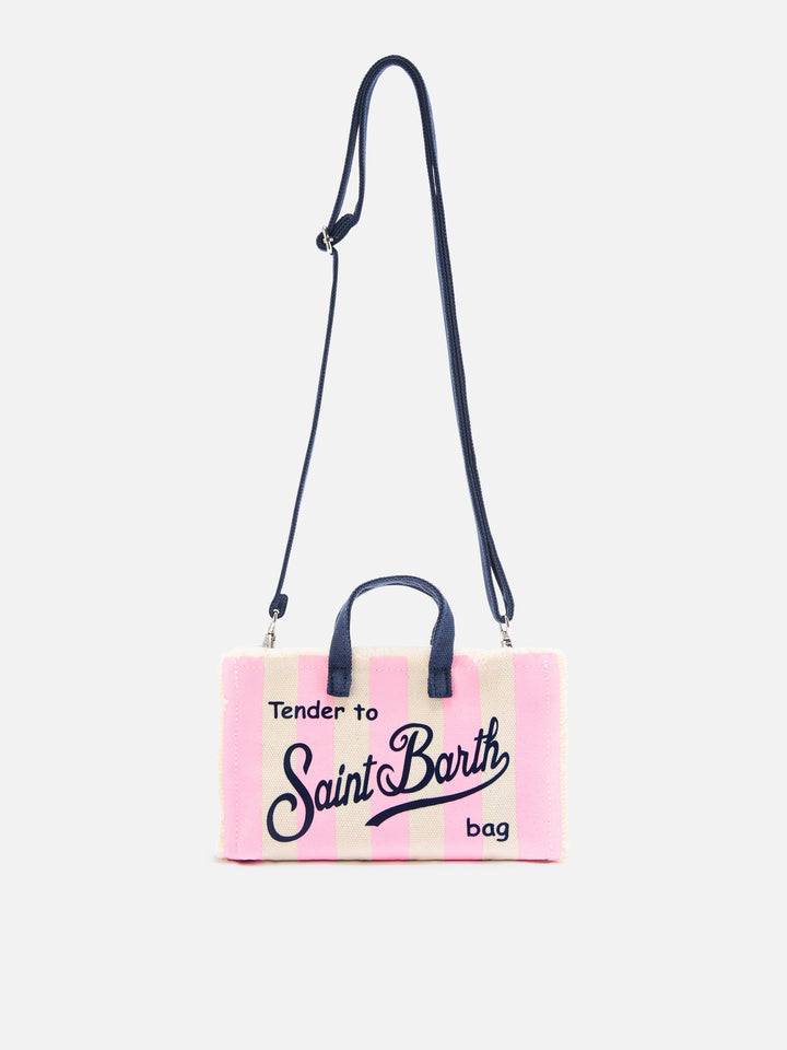 Micro Phone canvas bag with white and pink stripes and contrasting logo