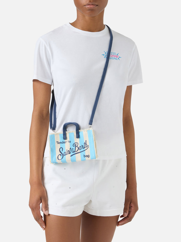 Micro Phone canvas bag with white and light blue stripes and contrasting logo