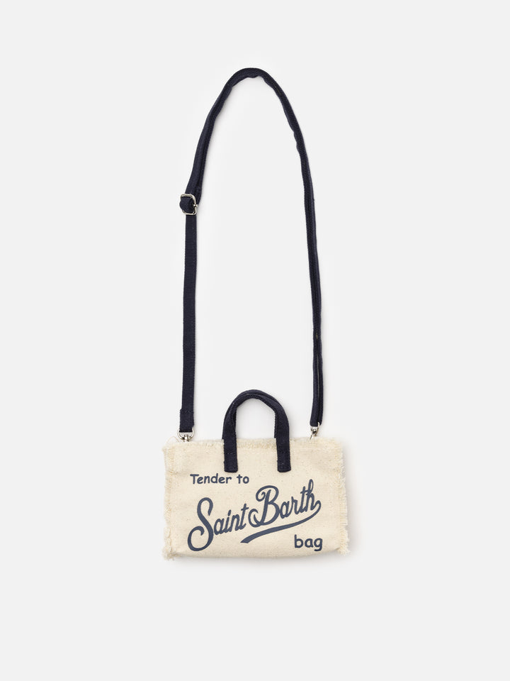 micro Phone canvas bag in white with blue details and contrasting logo