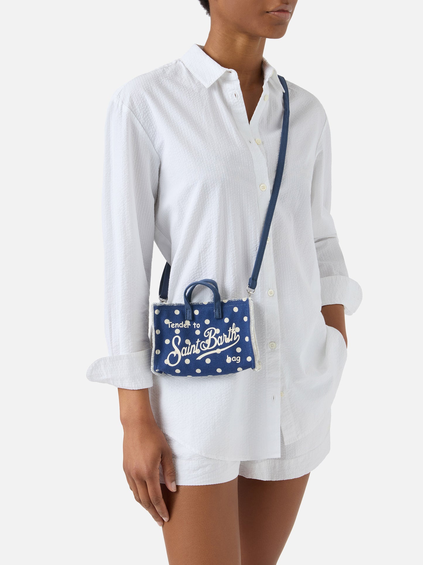 Bolso de lona Micro Phone azul de lunares con logo en contraste 