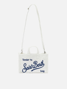Micro bag para teléfono blanca en broderie anglaise con logo bordado 