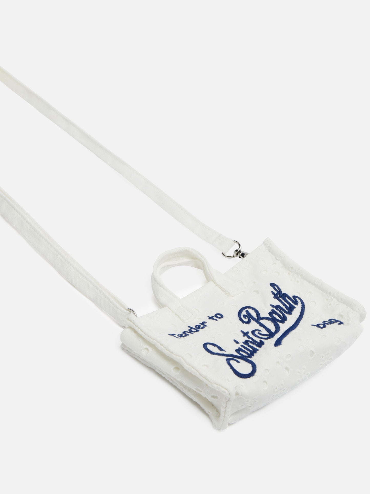 Micro bag para teléfono blanca en broderie anglaise con logo bordado 
