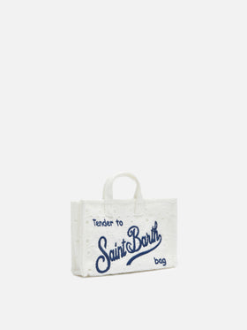 Micro bag para teléfono blanca en broderie anglaise con logo bordado 