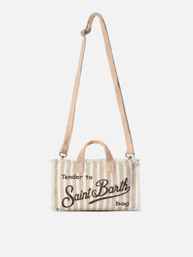 Borsa Phone micro in lino a righe beige e bianche con logo a contrasto