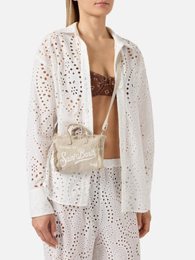 micro Phone solid beige linen bag with contrasting logo